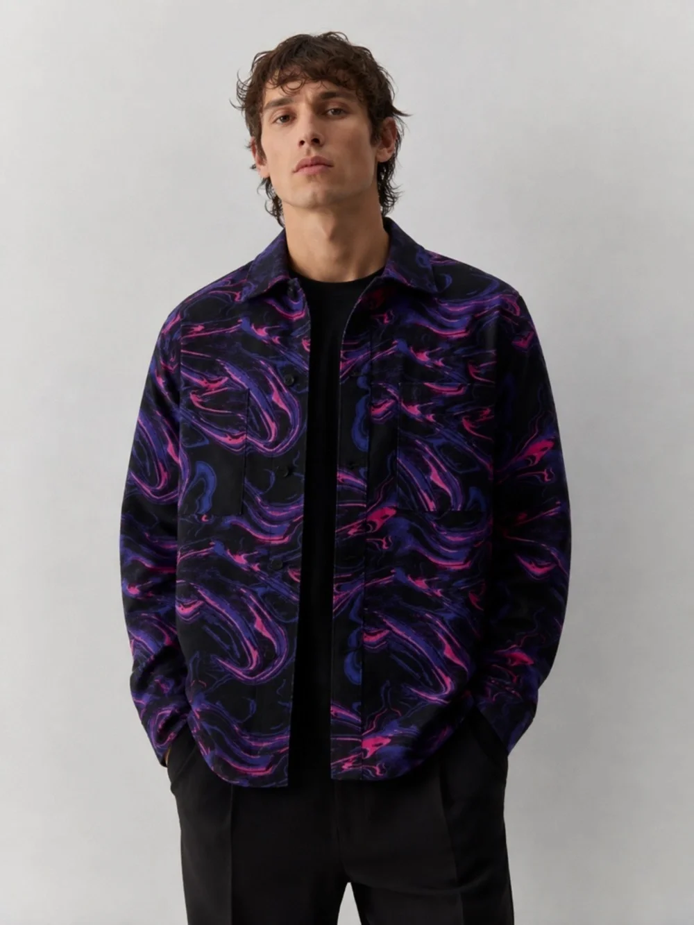 Zara Mens Denim Jacket Overshirt XL Purple Pink Abstract Marbled Printed Relaxed